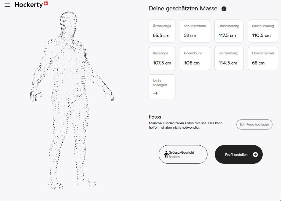 3D-Körperprofil von Hockerty mit dreizehn geschätzten Maßen